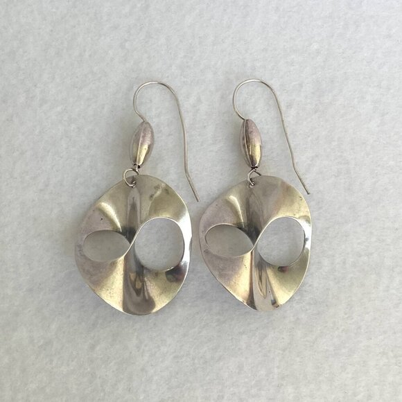 Sterling Silver 925 Artisan Modernist Style Infinity Disc Dangle Drop Earrings - Picture 3 of 16